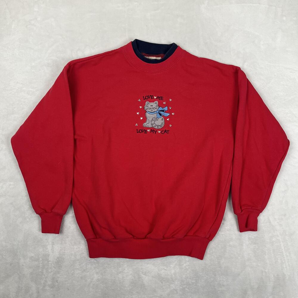 Vintage Love My Cat Sweatshirt Womens Medium Red Fleece Hearts M&C Sportswear